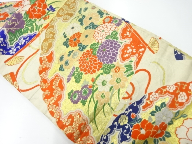 アンティーク　扇に菊・牡丹模様織出し名古屋帯（材料）